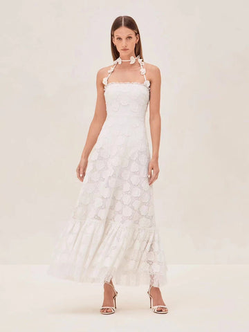 Niche 2024 Summer New Hanging Neck Design Hand Nail Flower Thoracic Hollow Long Dress Woman